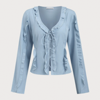 Blue Ruffled V‑Neck Tie‑Front Button Long‑Sleeve Blouse