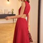 Round‑Neck Sleeveless Side Cut‑Out Tie‑Back Midi Dress