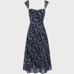 Navy Sweetheart Neck Cap‑Sleeve Navy Floral Midi Dress