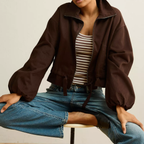 Funnel Neck Drawstring Waist Cropped Bomber Jacket