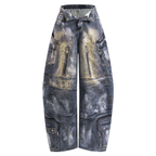 Abstract Printed Multi‑Pocket Barrel‑Cut Twill Trousers
