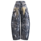Abstract Printed Multi‑Pocket Barrel‑Cut Twill Trousers